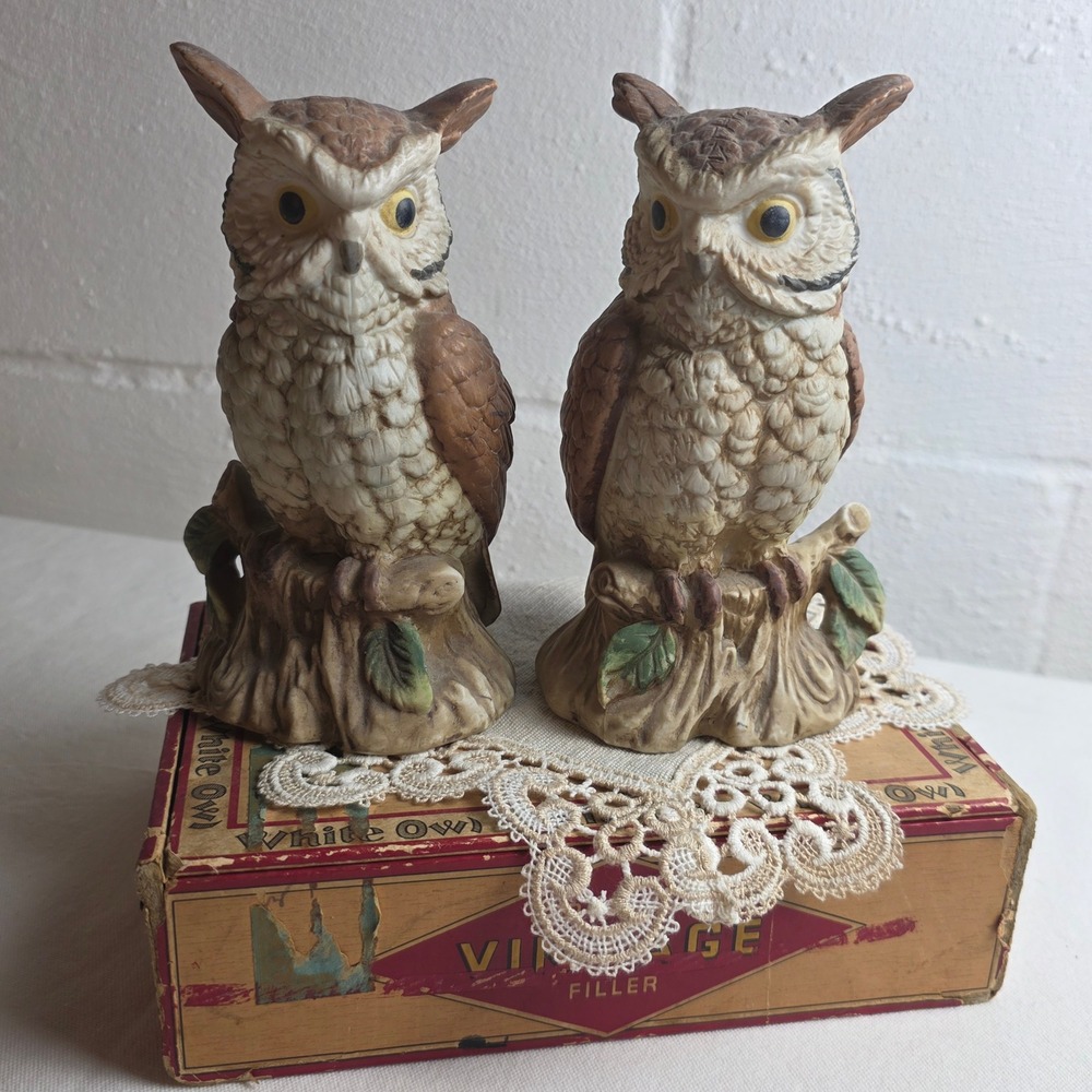 Vintage 70s Homco Ceramic Owl Figurines Pair Model 3130 Fall Woodland
